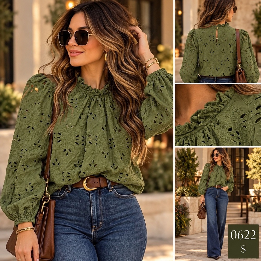 PrettyGarden Eyelet Lace Blouse Womens Small Olive Green Ruffle Mock Neck 0622